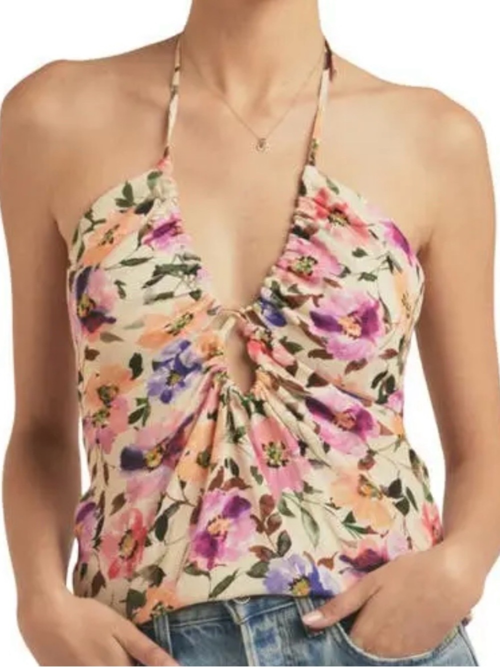 Favorite Daughter Floral Halter Cami Top - Beige Pink Purple